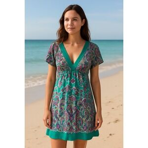 Tibi Silk Green Paisley Dress Size 8 Boho Mini Resort Beach